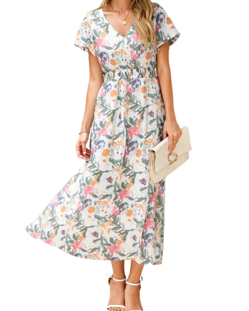 Isabella Women's Floral Maxi Dress – Boho V-Neck Wedding Guest Midi Dress