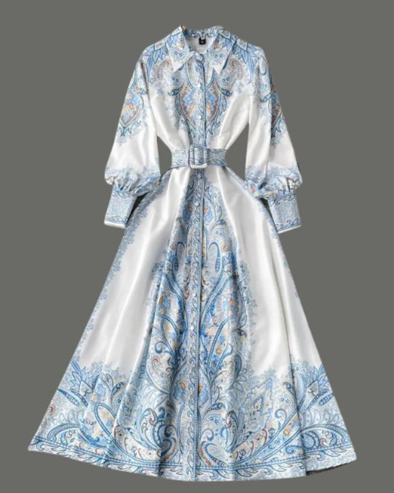 Fenella Women's Floral Shirt Dress – Belted Button-Up Elegant Midi Dress