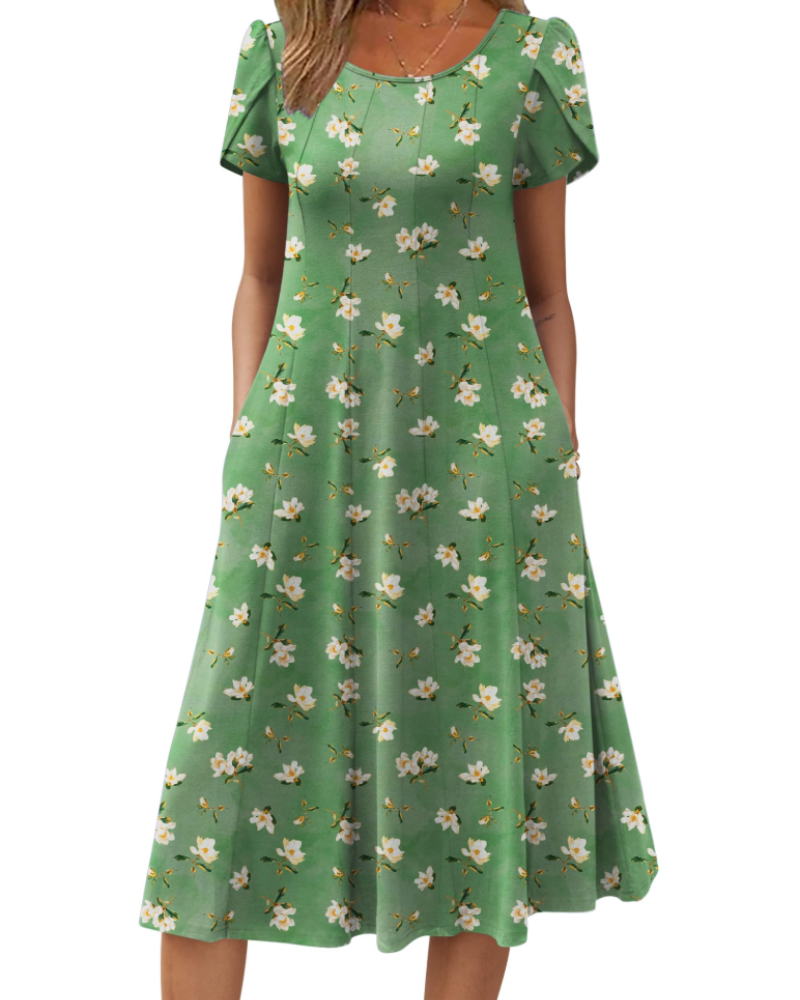 Emma Women's Midi Dress – A-Line Short Sleeve Summer Dress with Pockets