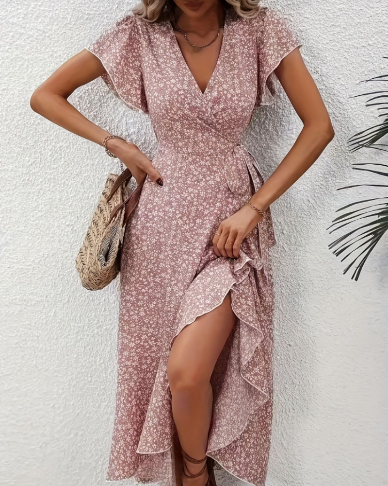 Celeste Women's Floral Midi Dress – V-Neck Flutter Sleeve Empire Waist Summer Dress