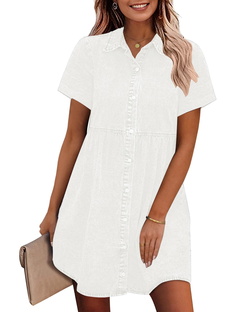 Emma Women's Denim Shirt Dress – Babydoll Button Down Tiered Jean Dress