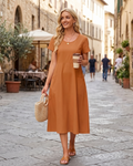 Eliza Women's Cotton Midi Dress – Bohemian Summer Swing Dress with Pockets