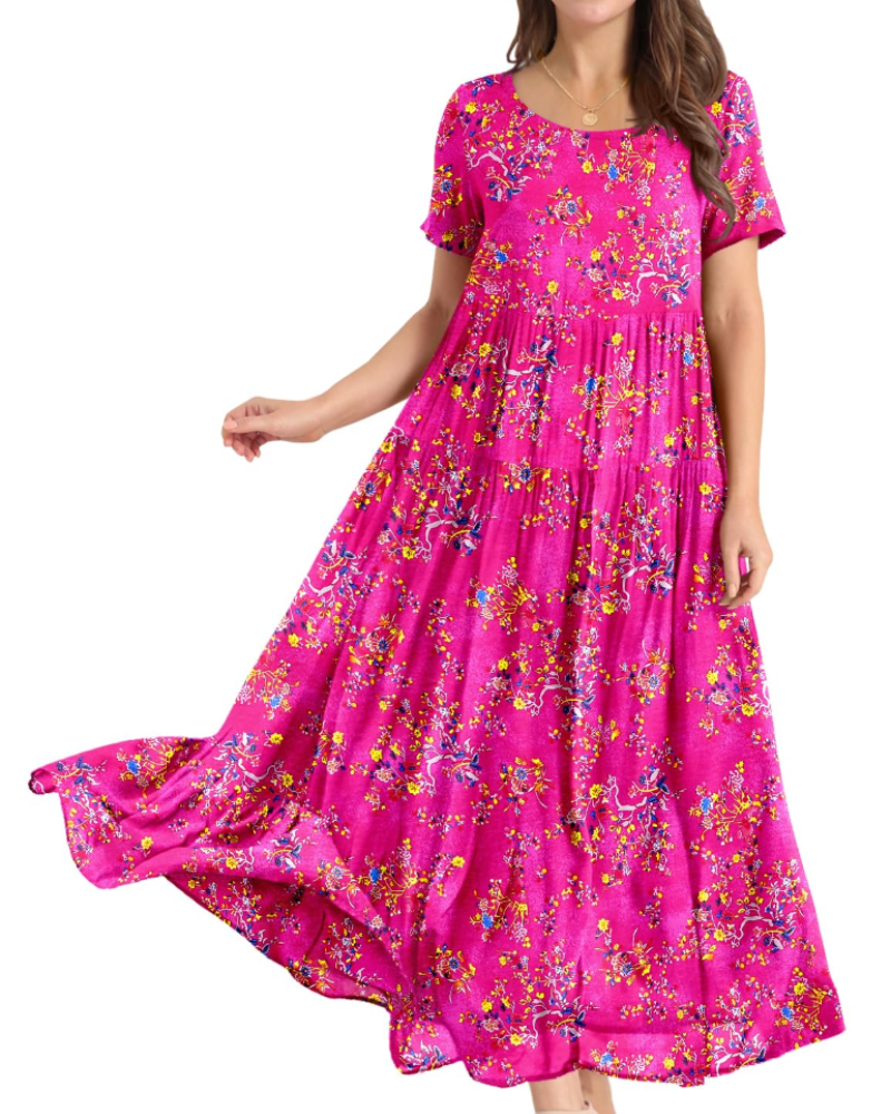 Faun Women's Floral Dress – Plus Size Boho Short Sleeve Summer Dress with Pockets