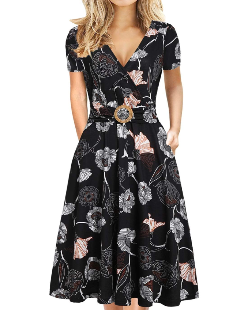 Natalie Women's Midi Dress – Deep V-Neck Short Sleeve Dress with Pockets