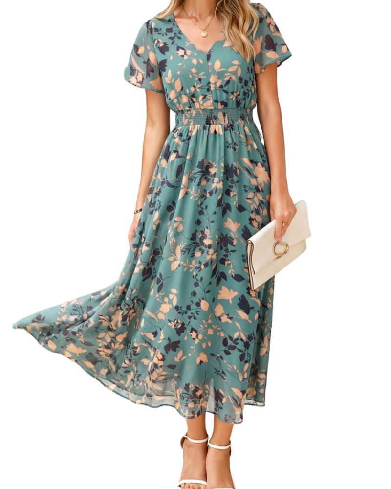 Isabella Women's Floral Maxi Dress – Boho V-Neck Wedding Guest Midi Dress