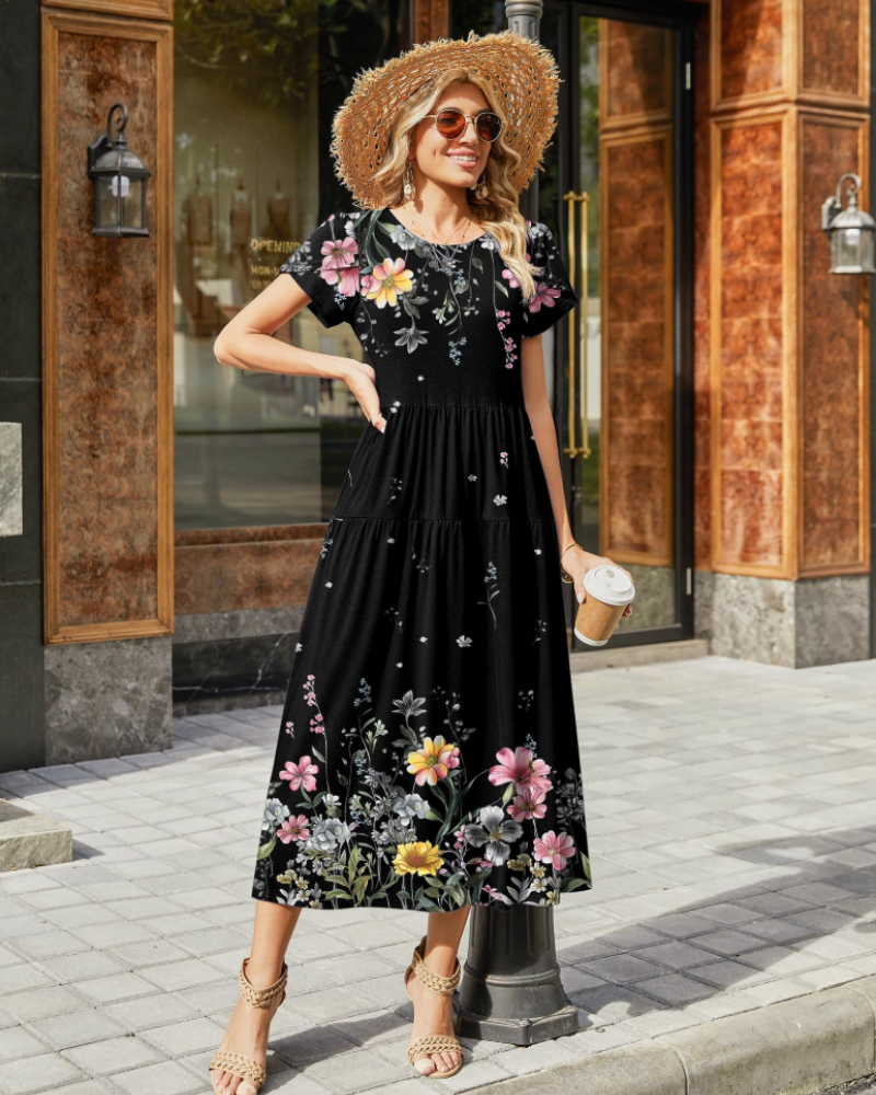 Olivia Women's Boho Maxi Dress – Floral A-Line Summer Dress with Pockets