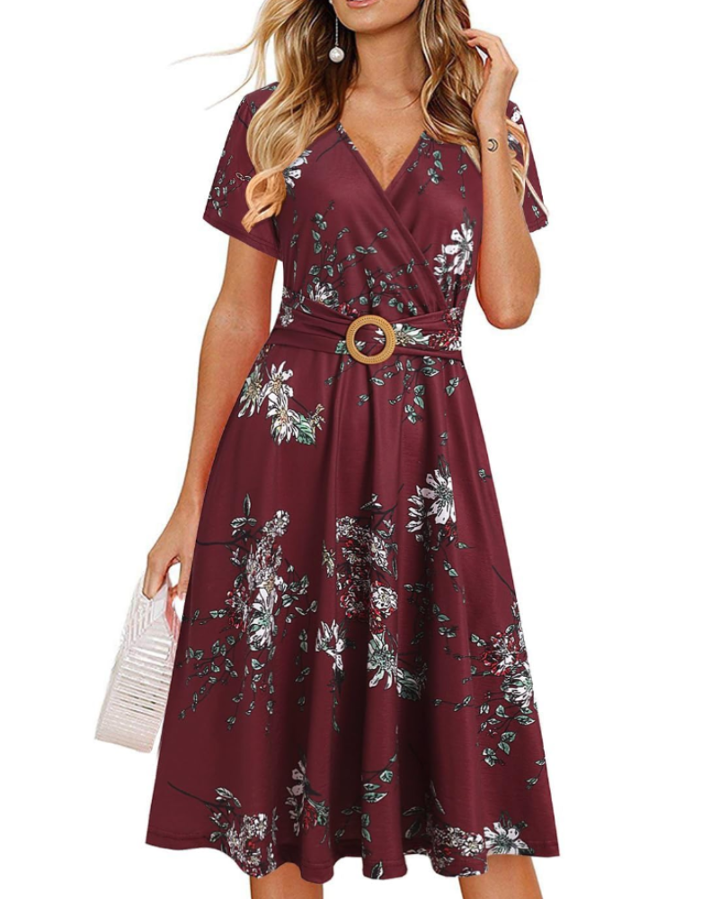 Natalie Women's Midi Dress – Deep V-Neck Short Sleeve Dress with Pockets