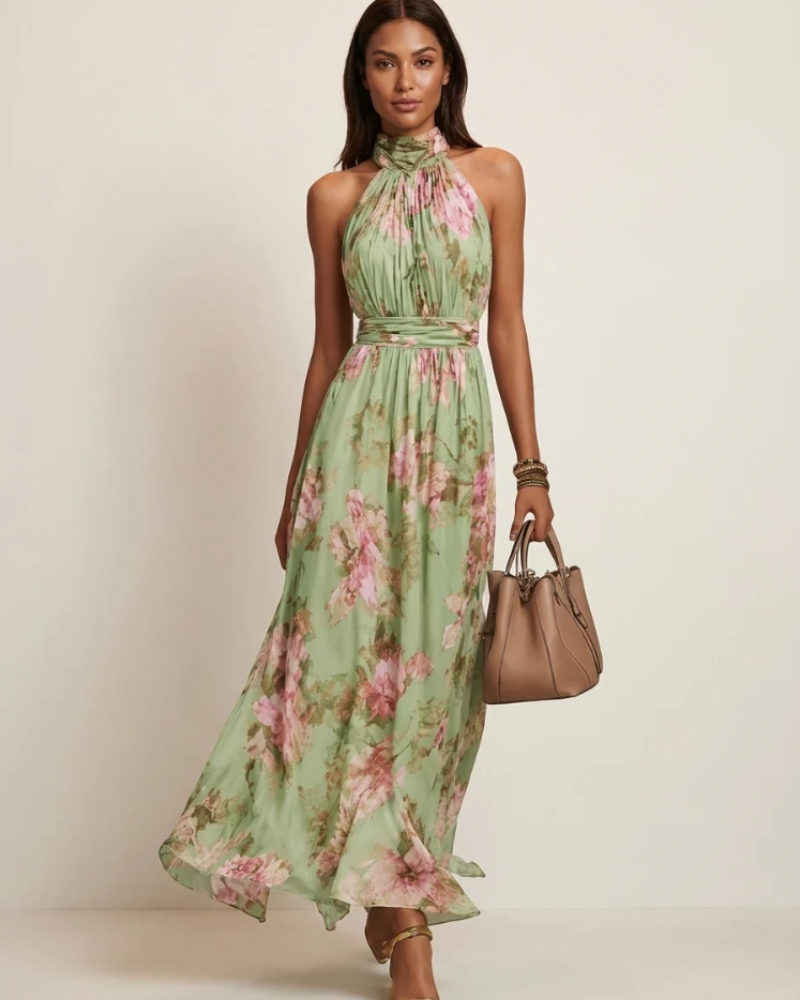 Gwyneth Women's Halter Maxi Dress – Floral Print Elegant Summer Occasion Dress
