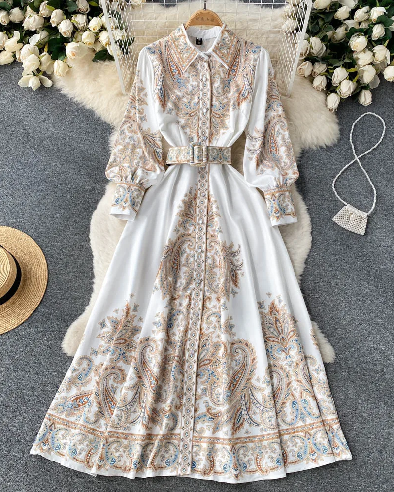 Fenella Women's Floral Shirt Dress – Belted Button-Up Elegant Midi Dress
