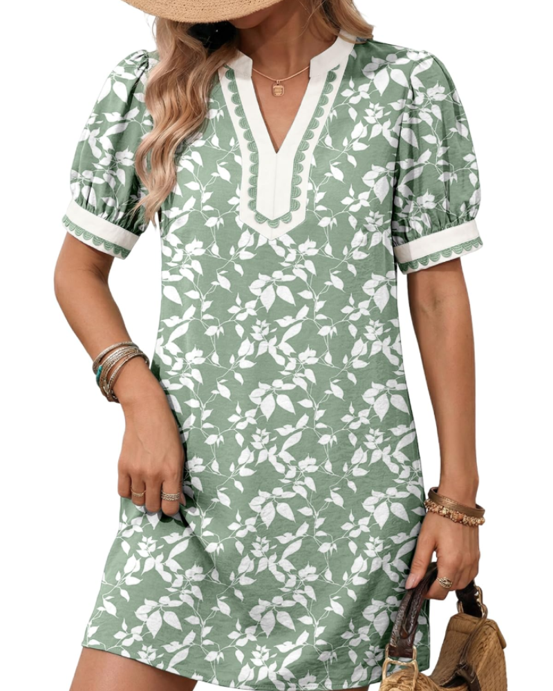 Charlotte Women's Boho Mini Dress – Floral V-Neck Puff Sleeve Summer Sundress