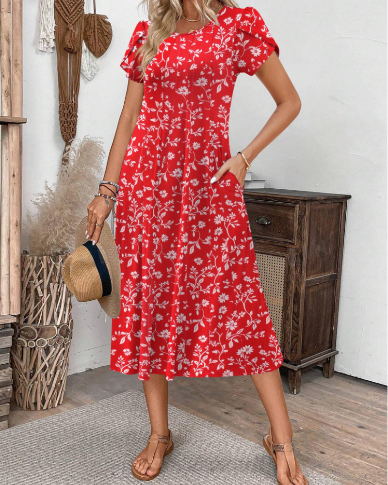 Emma Women's Midi Dress – A-Line Short Sleeve Summer Dress with Pockets