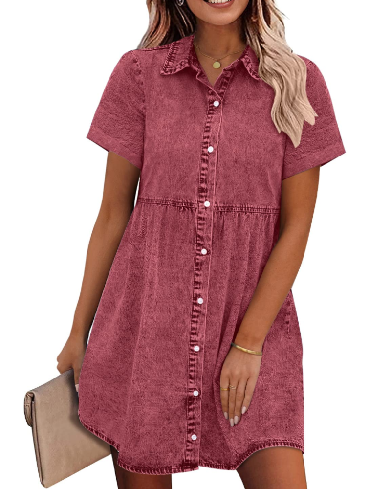 Emma Women's Denim Shirt Dress – Babydoll Button Down Tiered Jean Dress