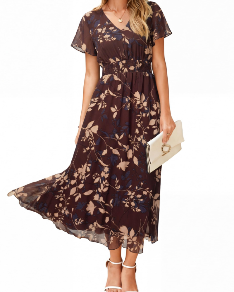 Isabella Women's Floral Maxi Dress – Boho V-Neck Wedding Guest Midi Dress