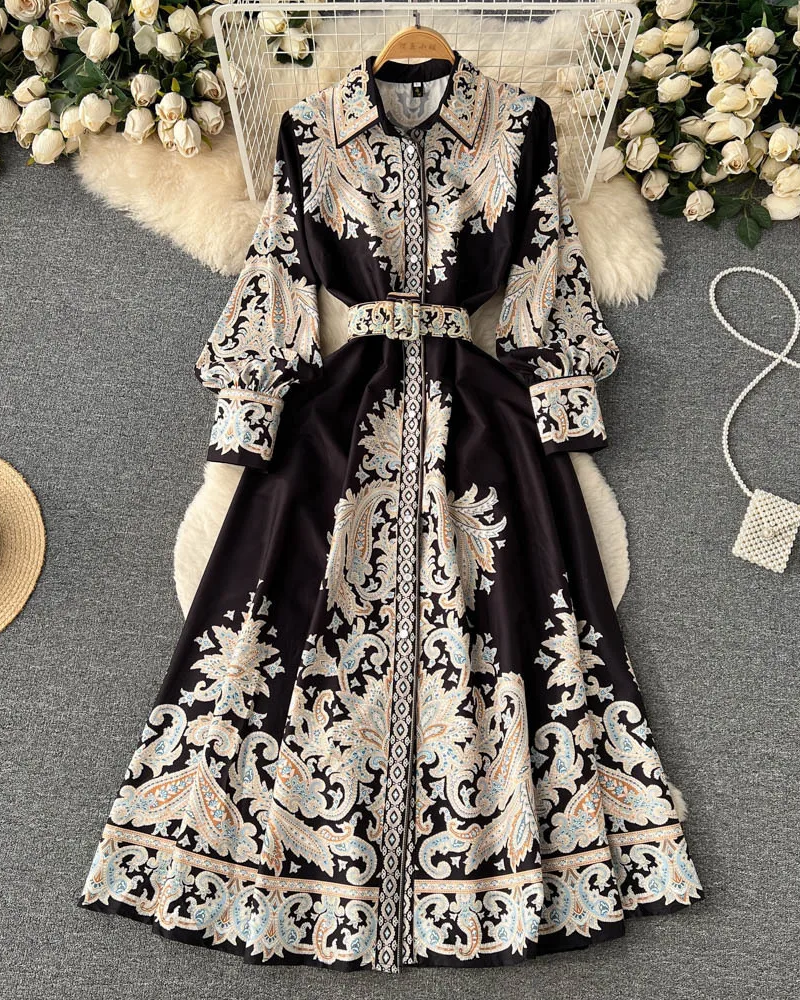 Fenella Women's Floral Shirt Dress – Belted Button-Up Elegant Midi Dress