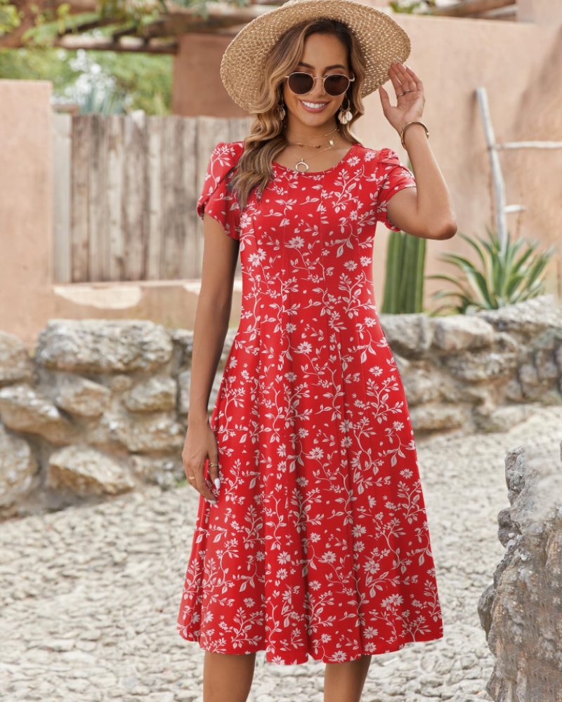 Emma Women's Midi Dress – A-Line Short Sleeve Summer Dress with Pockets