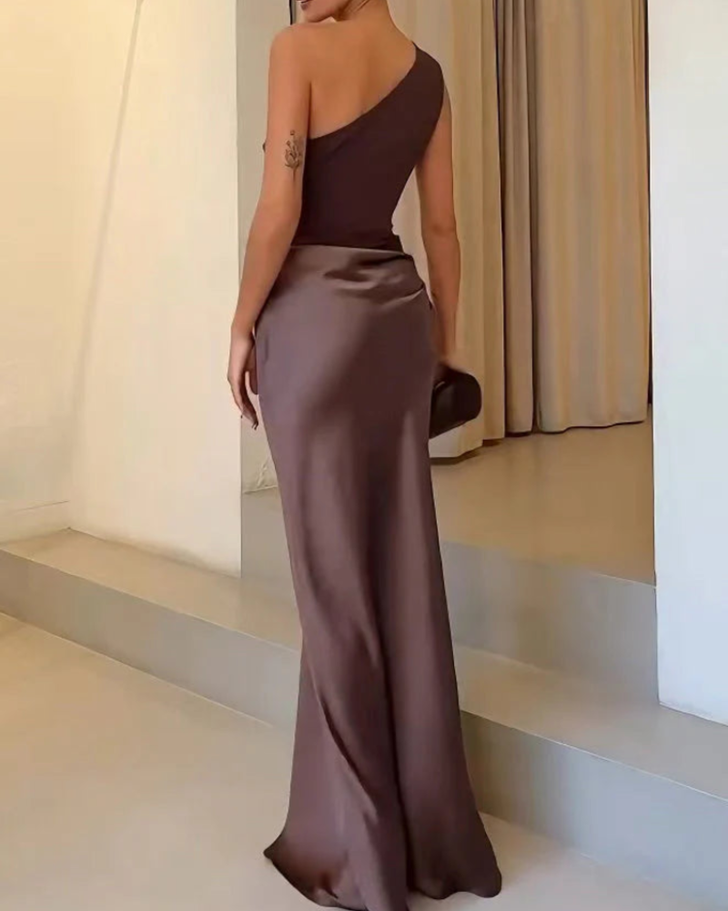 Cressida Women's One-Shoulder Maxi Dress – Satin Draped Evening Gown Formal Dress