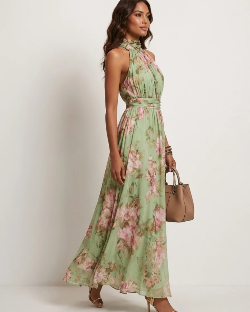 Gwyneth Women's Halter Maxi Dress – Floral Print Elegant Summer Occasion Dress