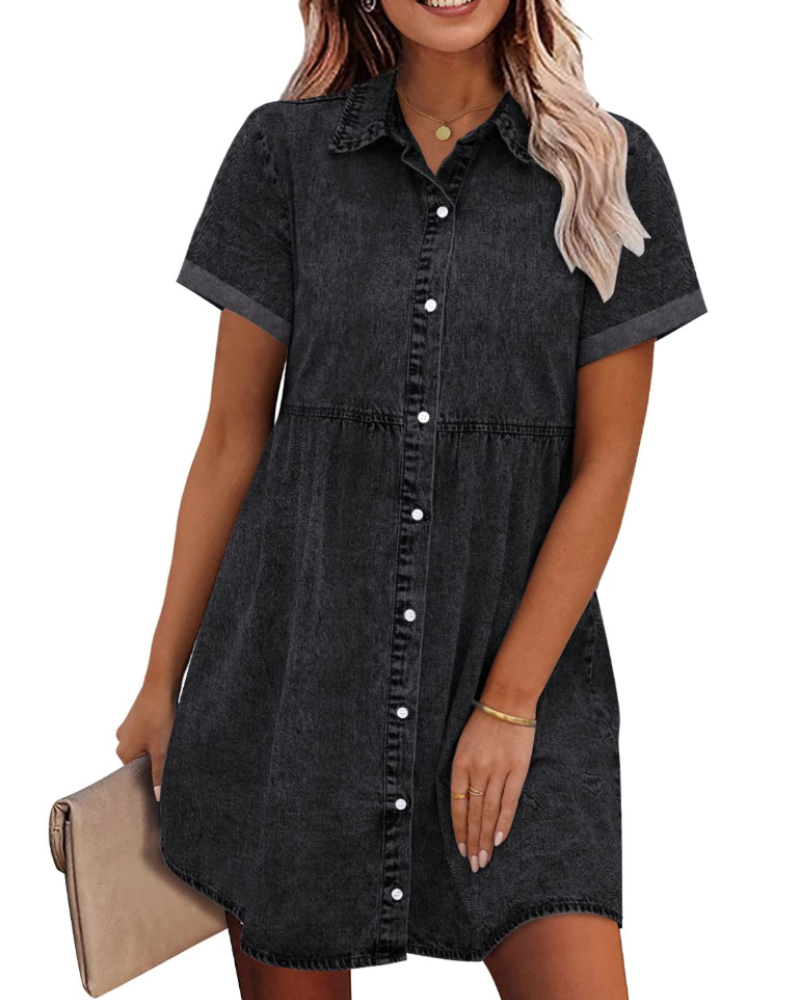 Emma Women's Denim Shirt Dress – Babydoll Button Down Tiered Jean Dress
