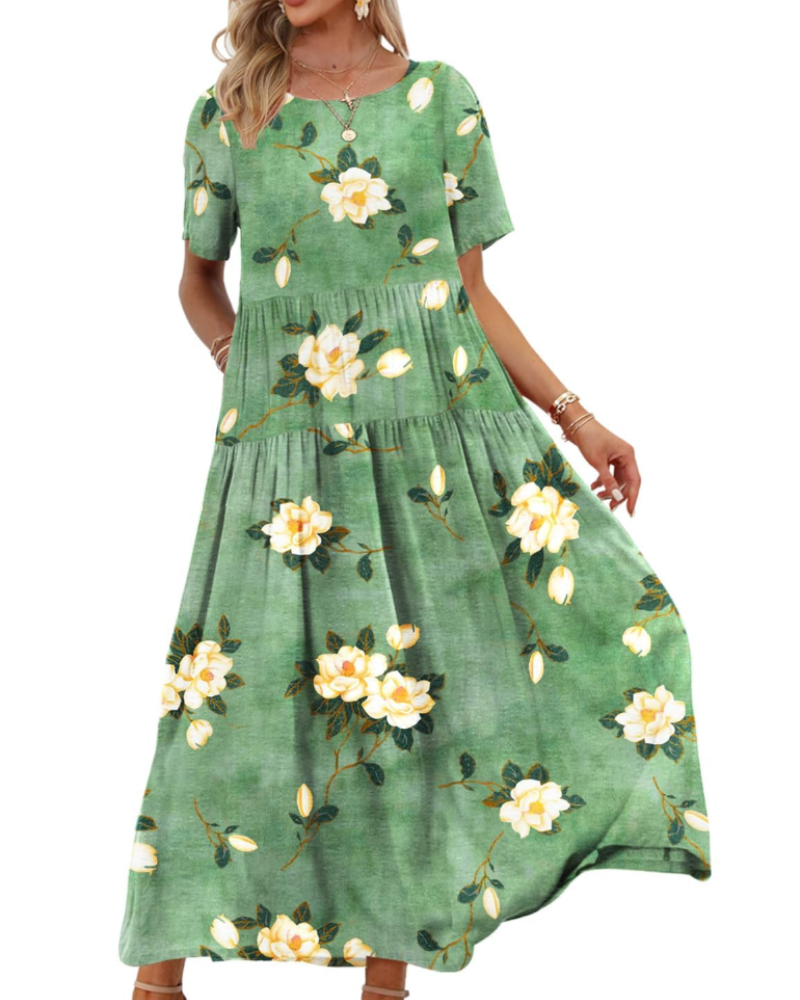 Faun Women's Floral Dress – Plus Size Boho Short Sleeve Summer Dress with Pockets