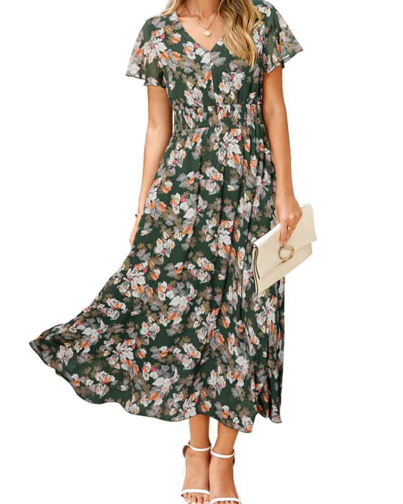 Isabella Women's Floral Maxi Dress – Boho V-Neck Wedding Guest Midi Dress
