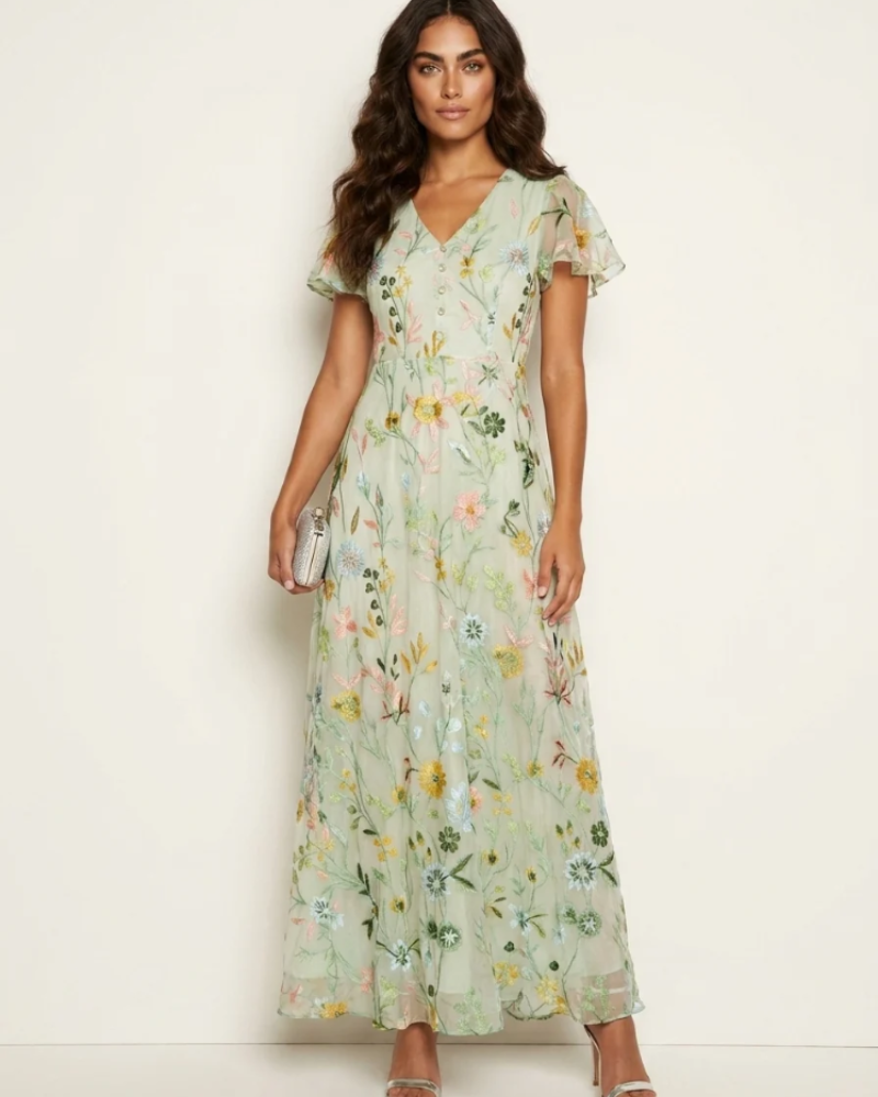Jessalyn Women's Floral Chiffon Maxi Dress – V-Neck Elegant Occasion Dress