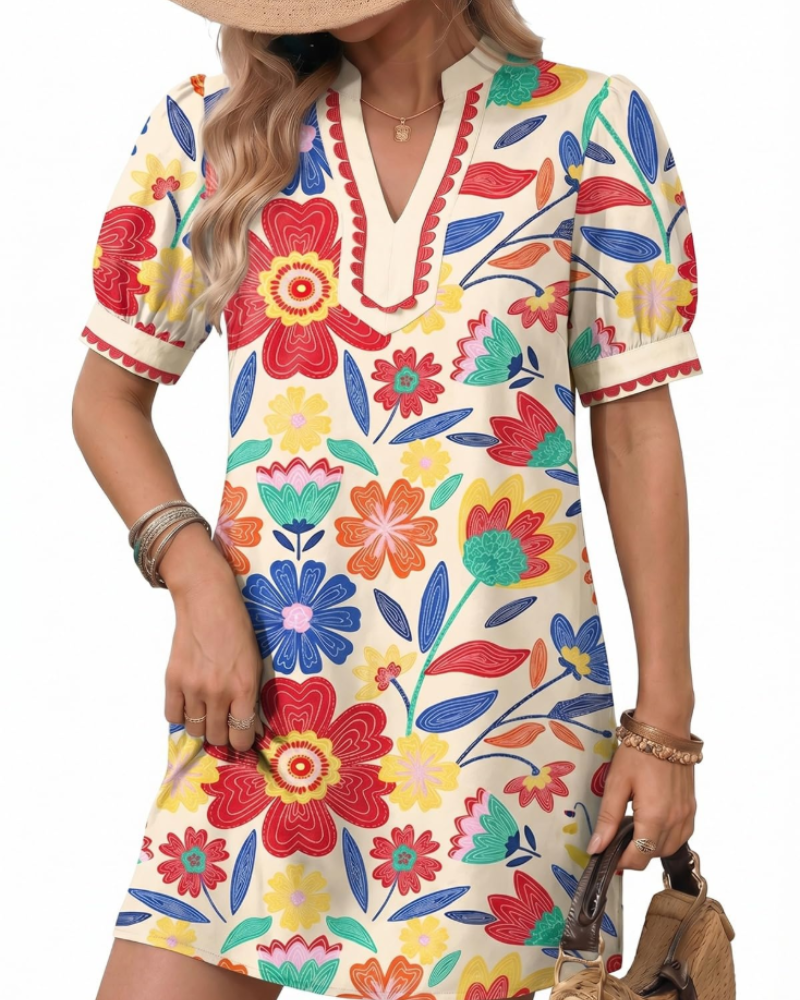 Charlotte Women's Boho Mini Dress – Floral V-Neck Puff Sleeve Summer Sundress