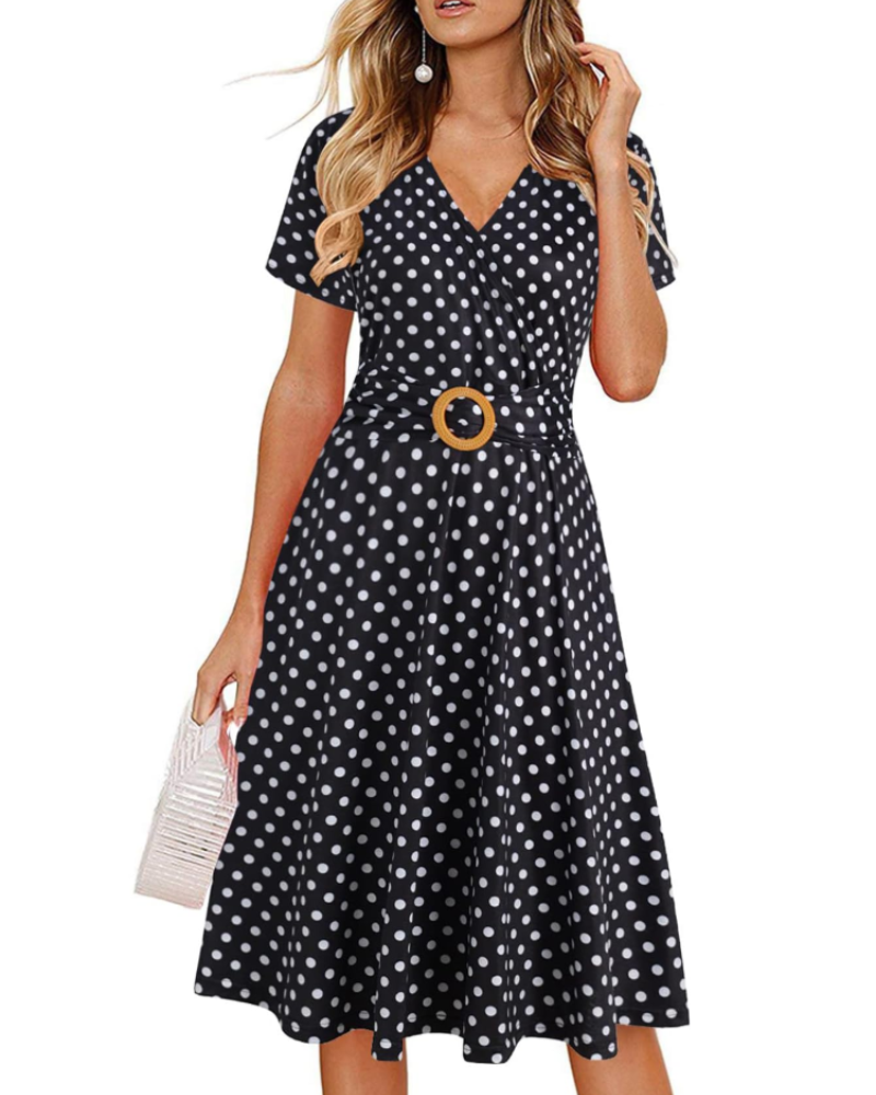 Natalie Women's Midi Dress – Deep V-Neck Short Sleeve Dress with Pockets
