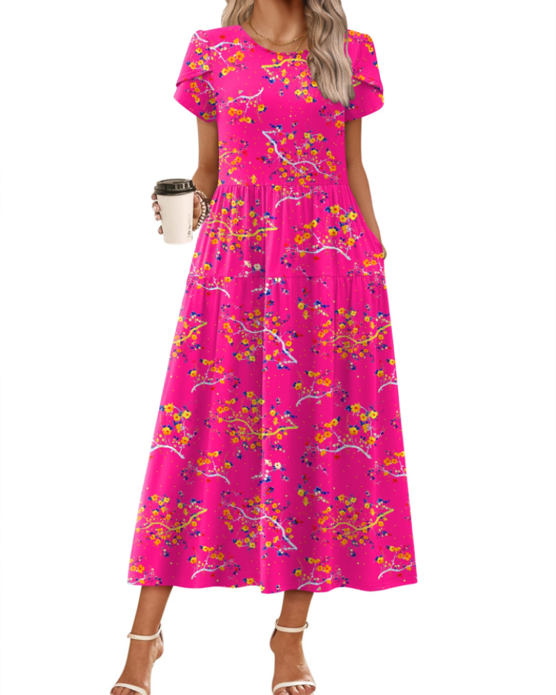 Olivia Women's Boho Maxi Dress – Floral A-Line Summer Dress with Pockets