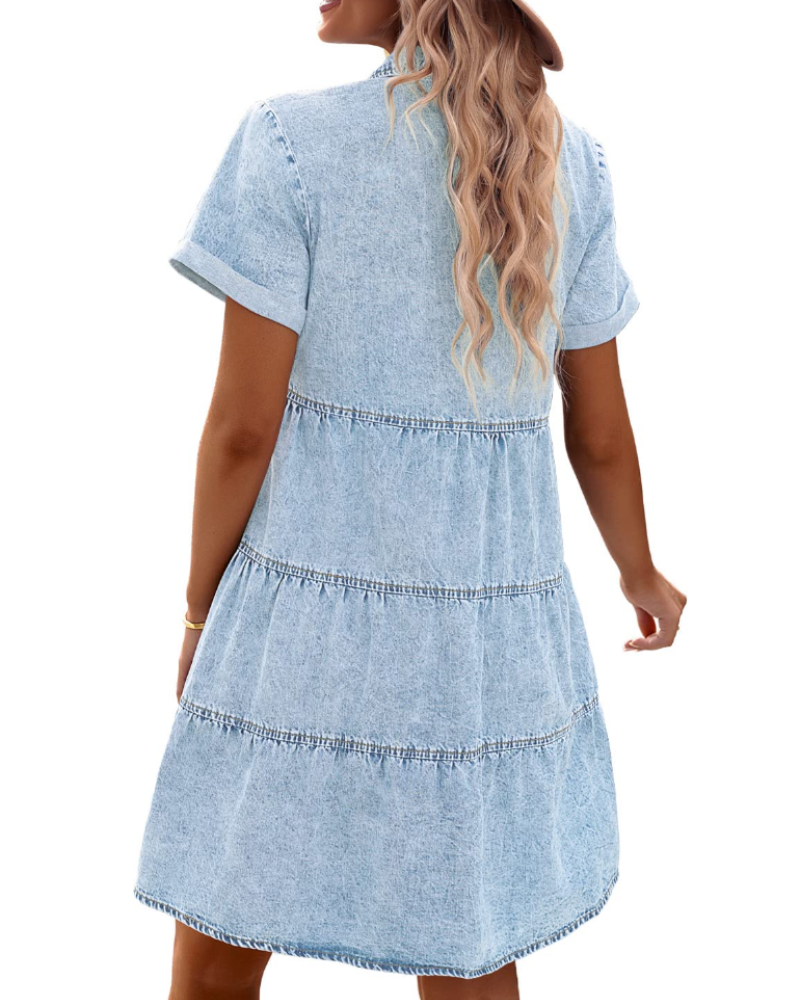 Emma Women's Denim Shirt Dress – Babydoll Button Down Tiered Jean Dress