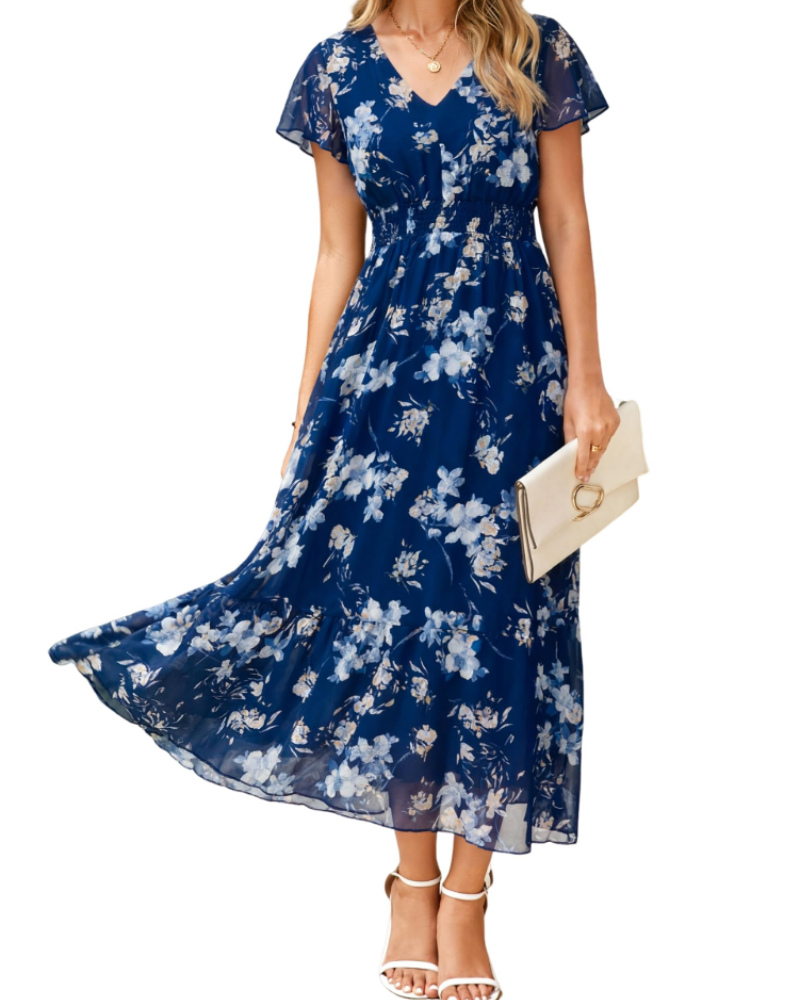 Isabella Women's Floral Maxi Dress – Boho V-Neck Wedding Guest Midi Dress