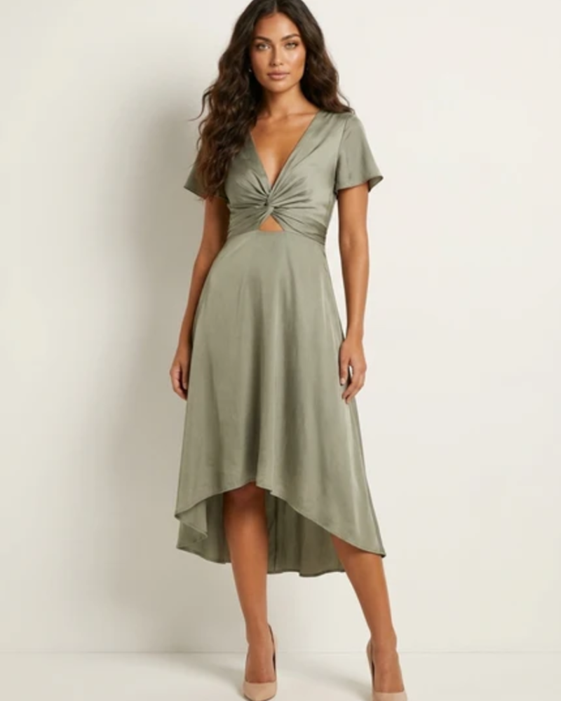 Henrietta Women's V-Neck Midi Dress – Flutter Sleeve Asymmetric Occasion Dress