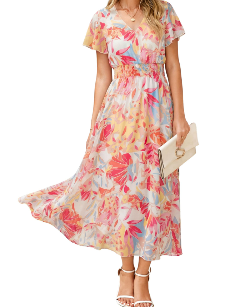Isabella Women's Floral Maxi Dress – Boho V-Neck Wedding Guest Midi Dress