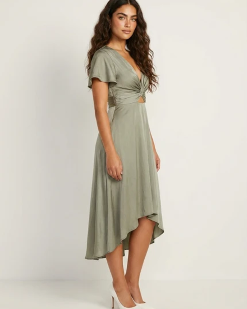 Henrietta Women's V-Neck Midi Dress – Flutter Sleeve Asymmetric Occasion Dress