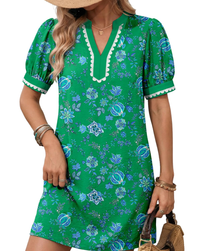 Charlotte Women's Boho Mini Dress – Floral V-Neck Puff Sleeve Summer Sundress