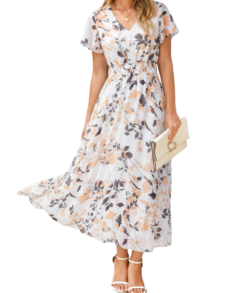 Isabella Women's Floral Maxi Dress – Boho V-Neck Wedding Guest Midi Dress