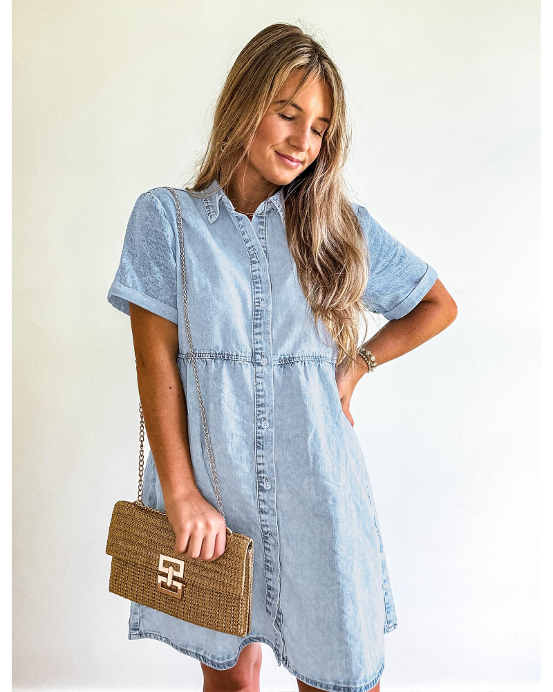 Emma Women's Denim Shirt Dress – Babydoll Button Down Tiered Jean Dress