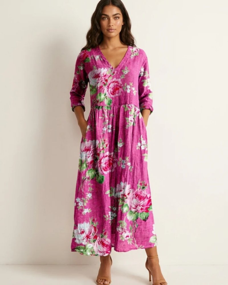 Rosalind Women's Floral Maxi Dress – V-Neck Flowy Summer Dress with Pockets