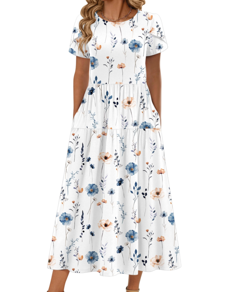 Olivia Women's Boho Maxi Dress – Floral A-Line Summer Dress with Pockets