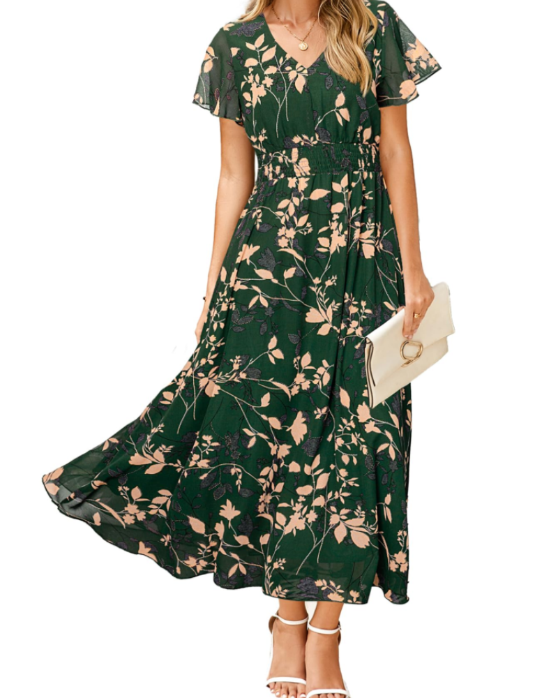 Isabella Women's Floral Maxi Dress – Boho V-Neck Wedding Guest Midi Dress