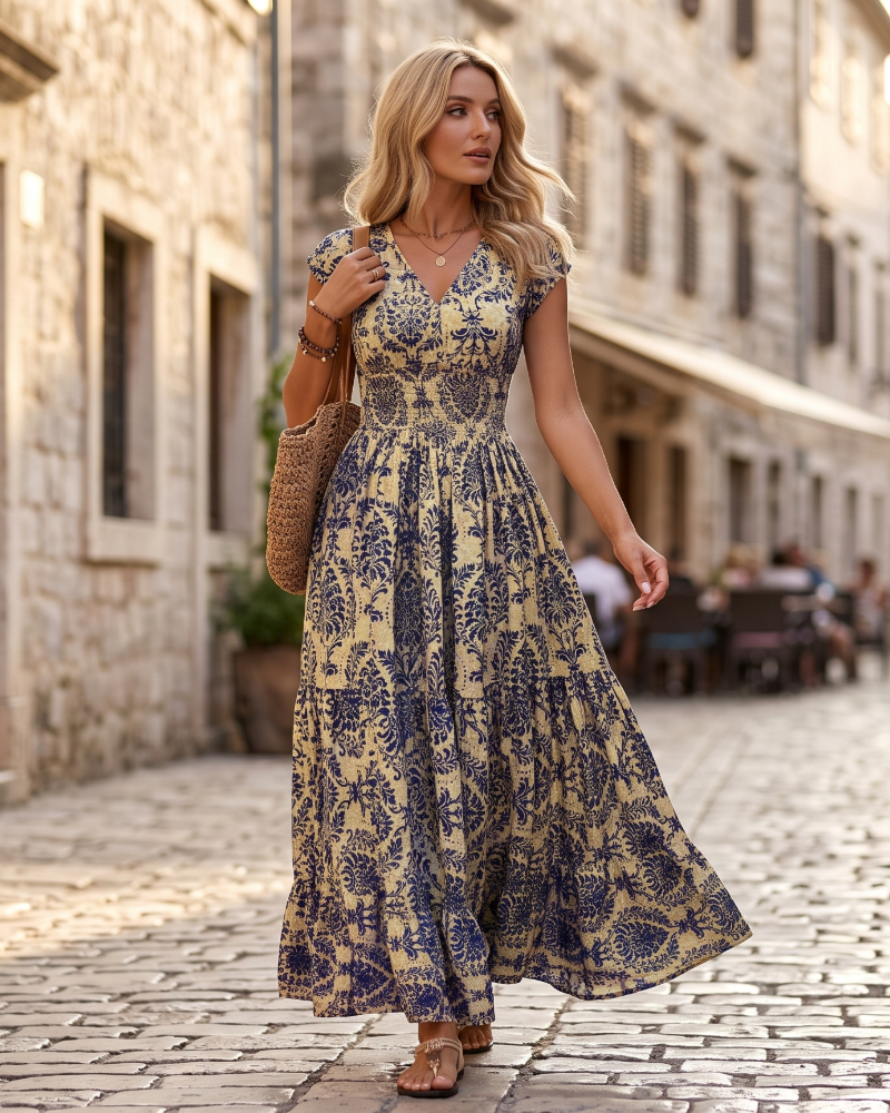 Valerie Women's Retro Print Maxi Dress – Elegant V-Neck Short Sleeve Long Dress