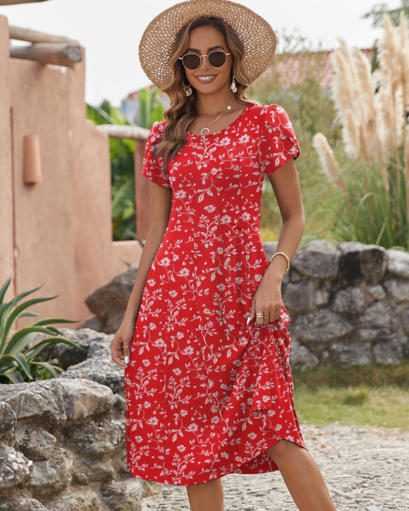 Emma Women's Midi Dress – A-Line Short Sleeve Summer Dress with Pockets