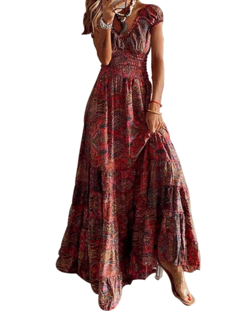 Olivia Women's Maxi Dress – Bohemian Floral V-Neck Summer Beach Dress