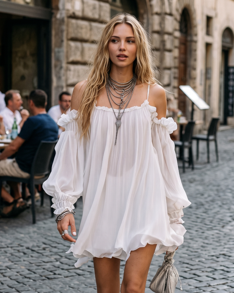Daphne Women’s Mini Dress – Off Shoulder Chiffon Boho Dress with Flowy Fit