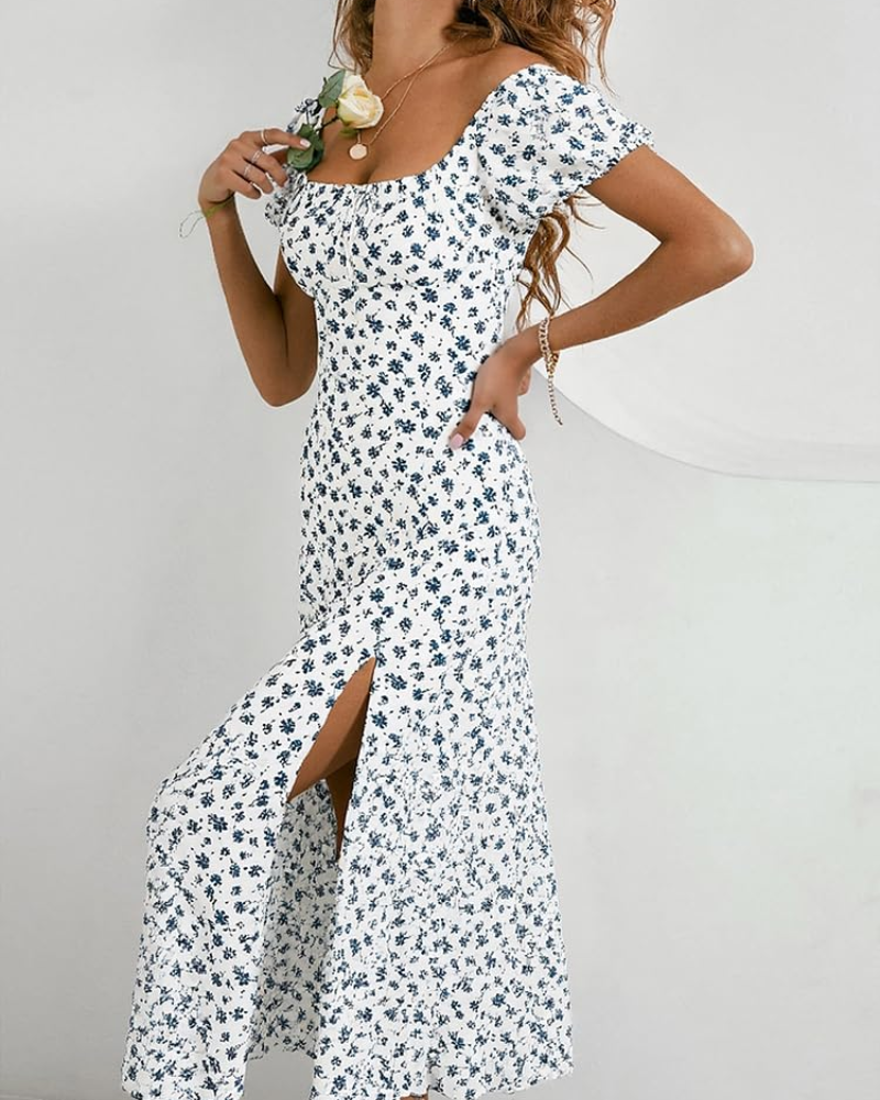 Margot Women's Floral Midi Dress – Square Neck Puff Sleeve Lace Front Summer Dress