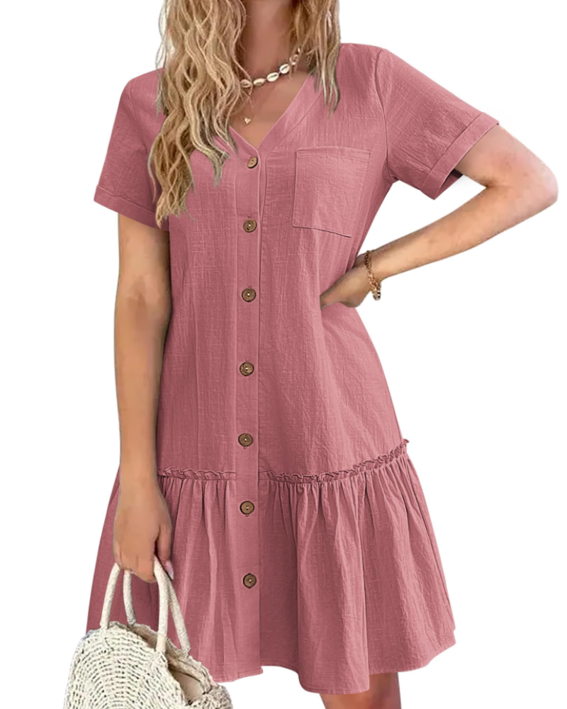 Emma Women's Cotton Linen Dress – V-Neck Button Knee-Length Summer Dress
