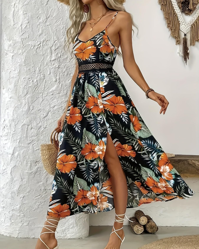 Aria Women's Floral Maxi Dress – Boho Spaghetti Strap Beach Holiday Dress
