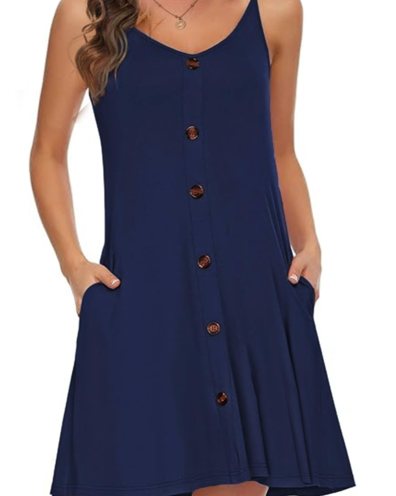 Mia Women's Beach Dress – Spaghetti Strap Button Down Mini Dress with Pockets