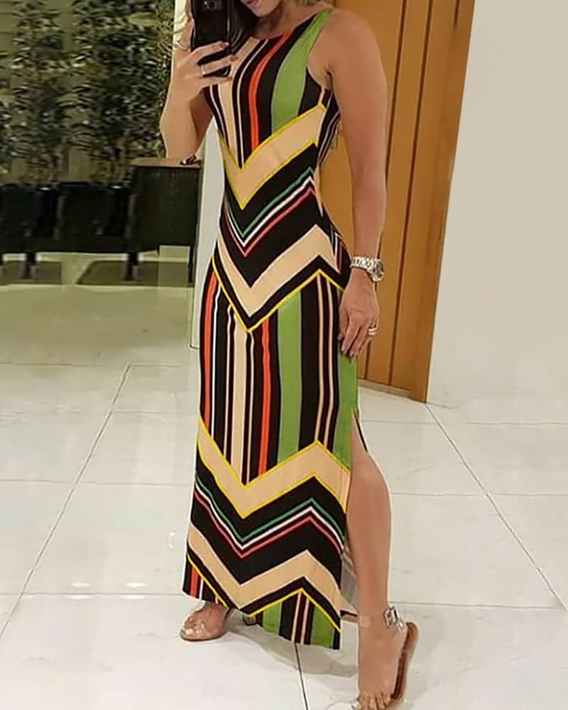 Tahlia Women's Striped Dress – Sleeveless Round Neck Side Slit Summer Beach Dress
