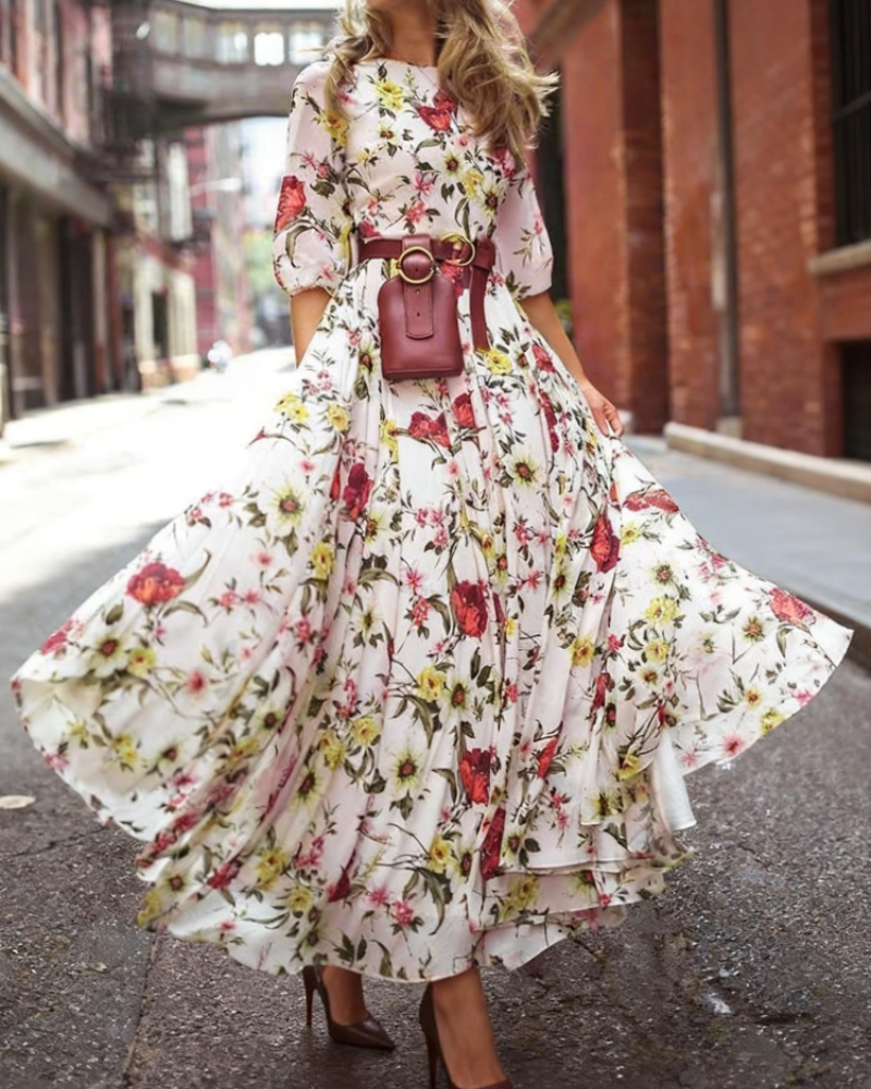 Vivienne Women's Floral Chiffon Dress – Boho Round Neck Flowy Summer Dress