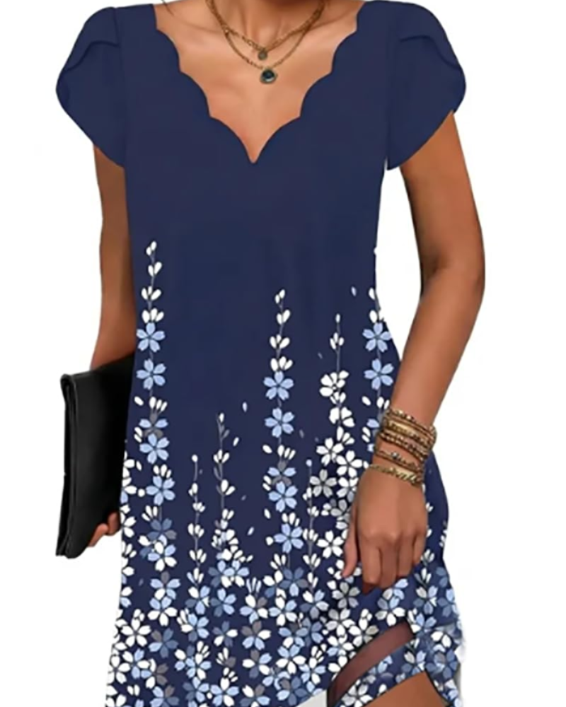 Yana Women's V-Neck Mini Dress – Casual Printed Summer Tunic with Short Sleeves